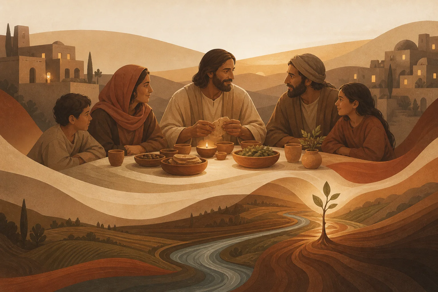 Illustratie van Jezus aan tafel met een gezin; het tafelkleed vloeit over in een rivier, akkers en een jonge boom